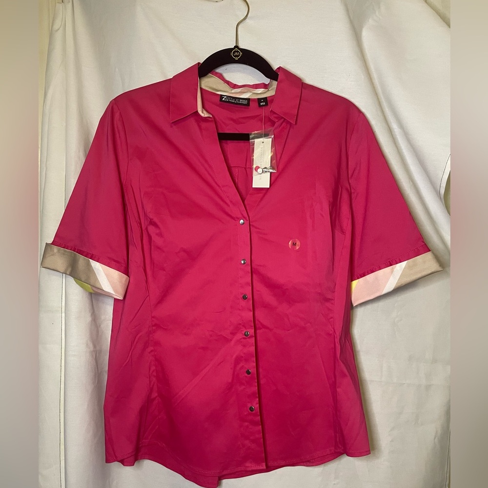 NWT New York & Company Pink Short Sleeve Button Down w/ Multicolor Sleeves SizeM